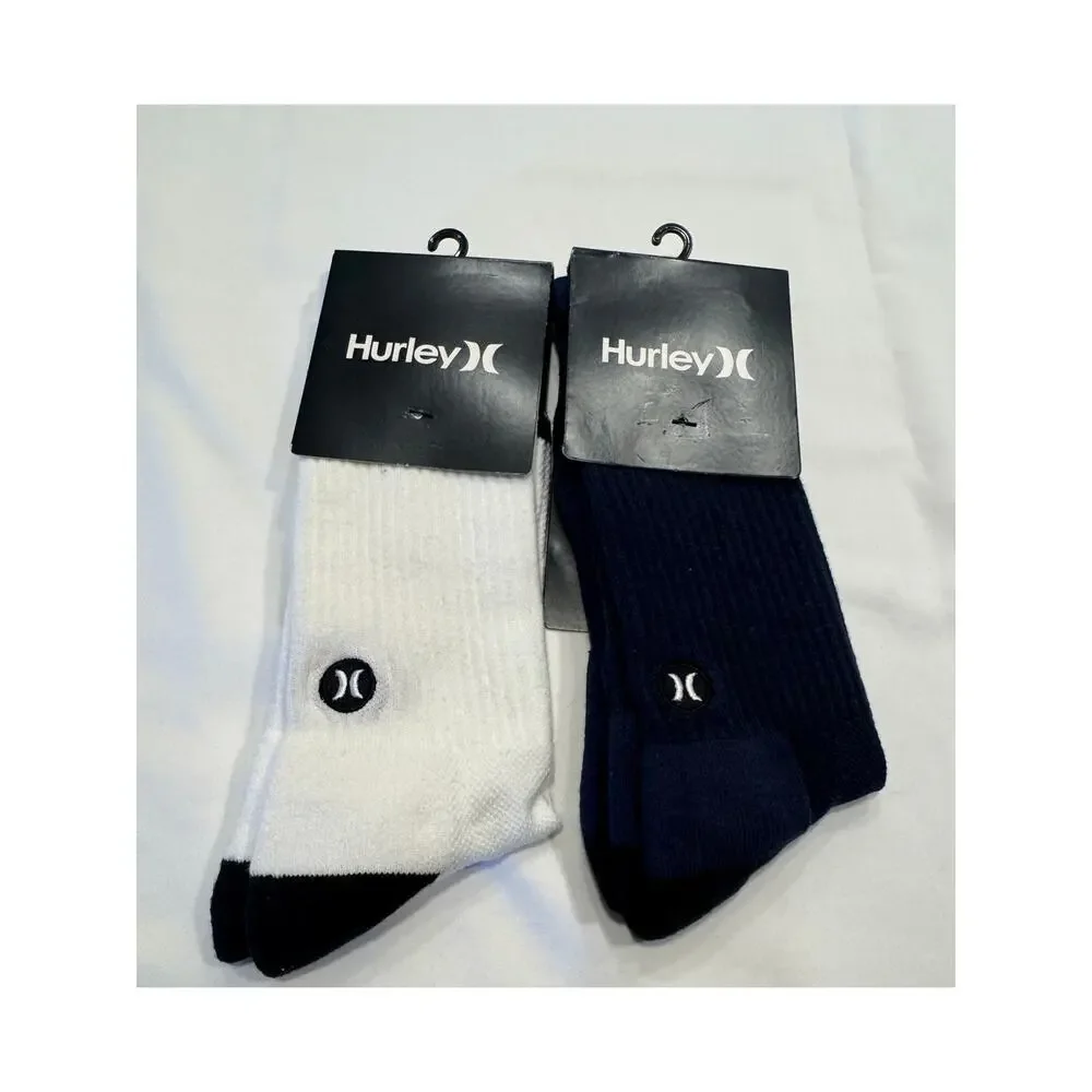 Hurley Block Party Crew Socks‎ 2 Pair Bundle White Obsidian Navy Mens Large 8-12